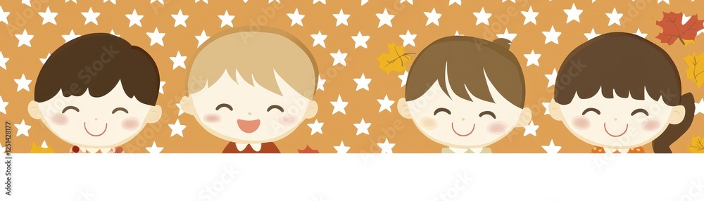 Kids smiling, star background, autumnal theme, possible use for children's products Kids smiling, star background, autumnal theme, possible use for children's products