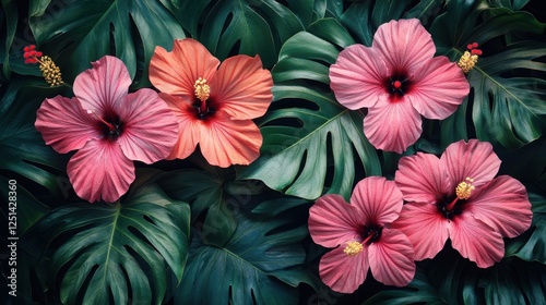 Vibrant tropical hibiscus blooms nestled among lush emerald foliage create a stunning natural tapestry in a sunlit paradise