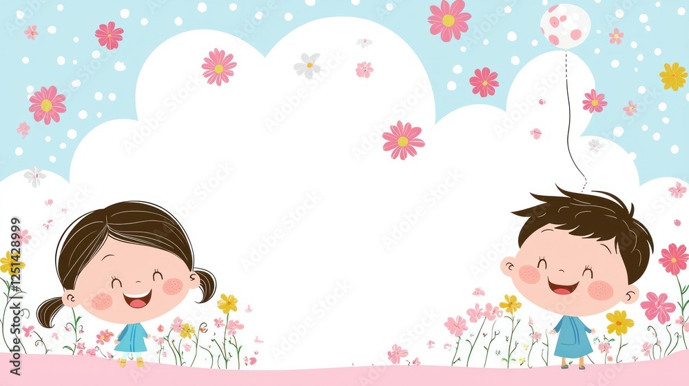 Children in flowers, blank space for text, background, kids, illustration, possible use greeting card, children's book, template Children in flowers, blank space for text, background, kids, illustration, possible use greeting card, children's book, template