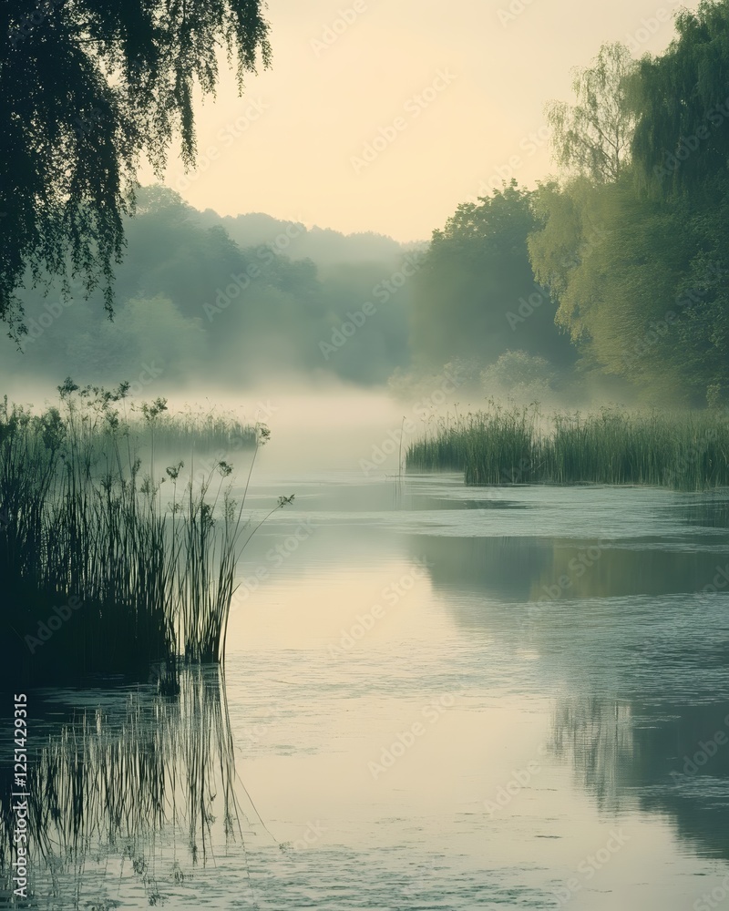 Fototapeta premium Serene river landscape with morning fog and reflections creating a peaceful atmosphere