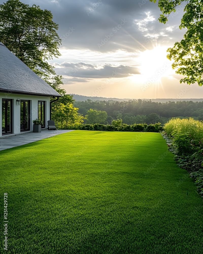Naklejka premium Serene landscape of a modern house with green lawn and scenic sunset view in the background
