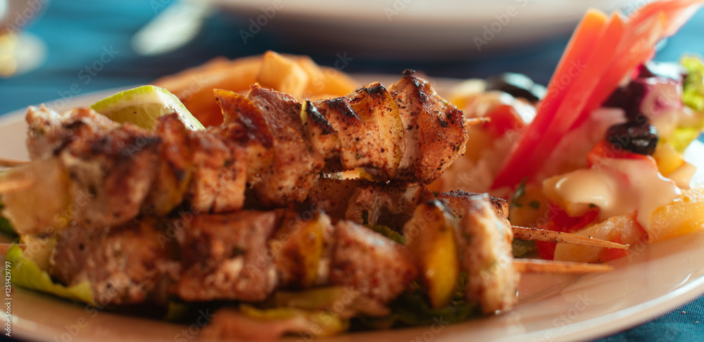 Plate of fish skewers with salad and fries Plate of fish skewers with salad and fries