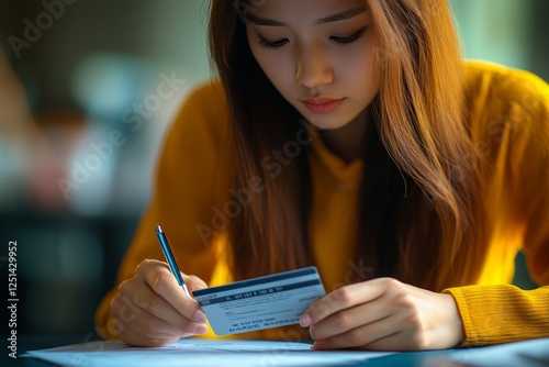 Financial owe, hand of asian woman sitting, holding credit card, stressed by calculate expense from invoice or bill, no money to pay, mortgage or loan