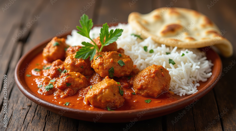 Chicken Tikka Masala Spicy Curry with Naan Bread Meat Meal Food with Rice, Indian Cuisine Dish Chicken Tikka Masala Spicy Curry with Naan Bread Meat Meal Food with Rice, Indian Cuisine Dish