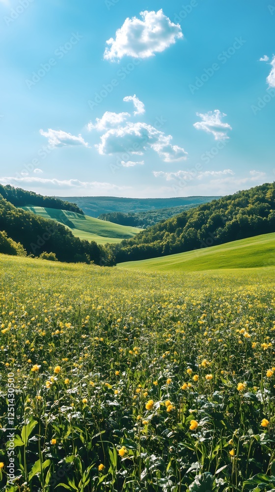 Sunny meadow of vibrant yellow flowers under a bright blue sky in a lush green landscape Sunny meadow of vibrant yellow flowers under a bright blue sky in a lush green landscape