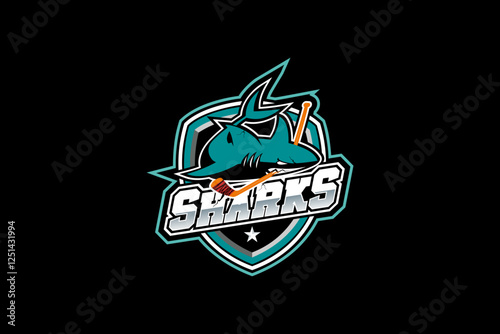 Aggressive Shark mascot logo. Ice Hockey Sports Shark logo template. Shark Mascot Ice Hockey team logo vector.