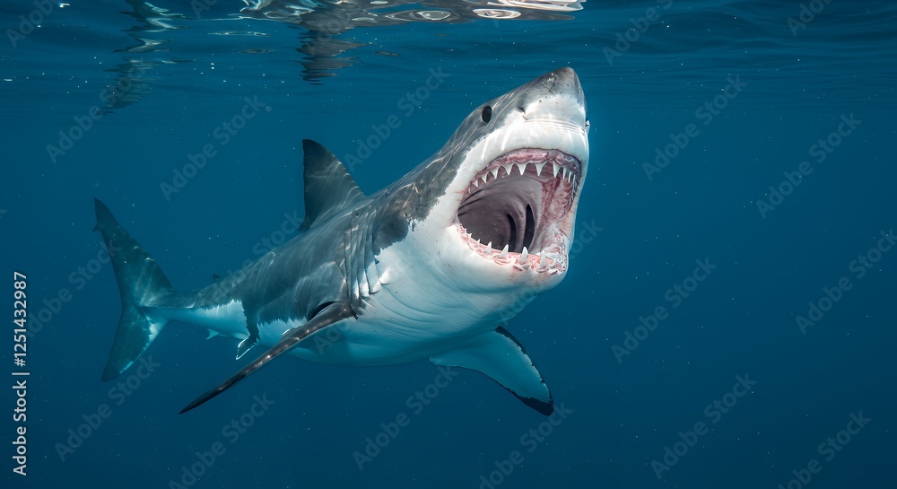 Fototapeta premium Great White Shark Swimming Underwater with Open Mouth Showing Teeth