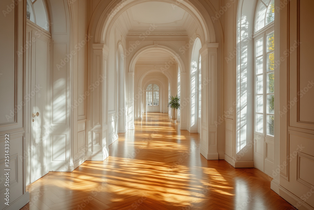 Obraz premium Long hallway with wooden floors and arched windows.