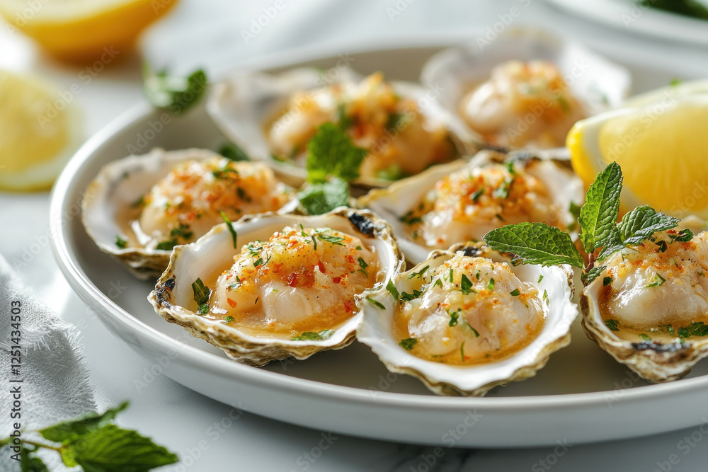 Plate of oysters with lemon wedges and parsley garnish.