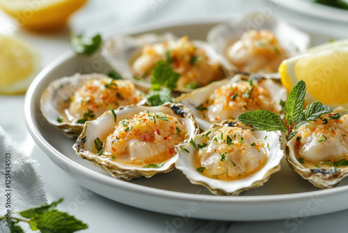 Plate of oysters with lemon wedges and parsley garnish.