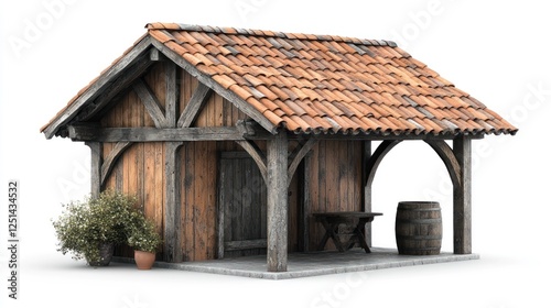 Rustic wooden shed, white background, storage, rural