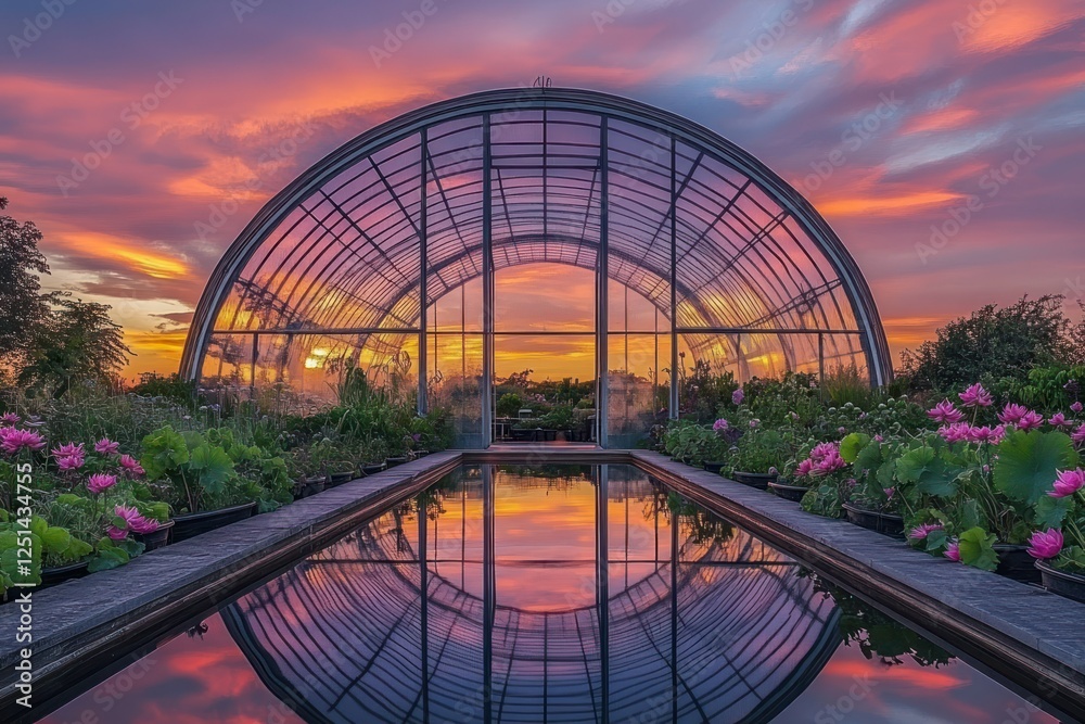 Fototapeta premium Serene Sunset Reflection in Glass Greenhouse Surrounded by Nature