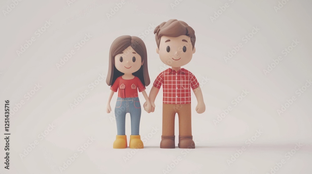 Cartoon couple holding hands, studio, light background, illustration. Possible use Social media, children's book Cartoon couple holding hands, studio, light background, illustration. Possible use Social media, children's book