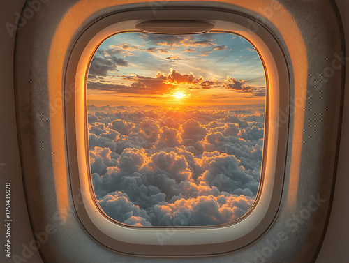 airplane window view golden sunset cloud flying altitude sky dramatic view cloudscape wanderlust journey