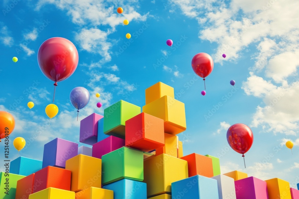 Obraz premium Colorful Building Blocks with Balloons Against a Bright Sky