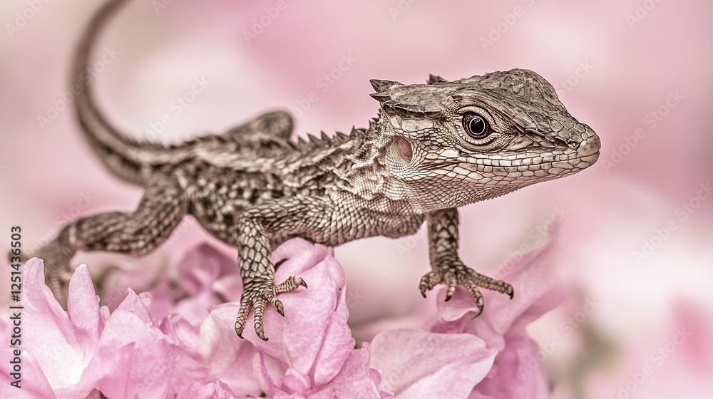Naklejka premium Baby lizard perched on pink flowers, garden bokeh