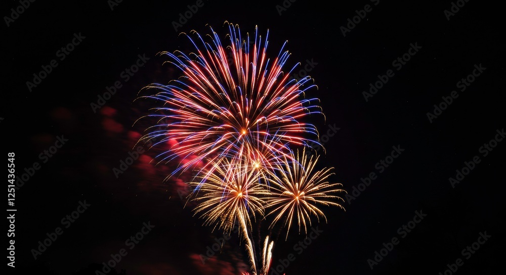 Night Sky Symphony: A mesmerizing display of fireworks illuminates the night sky, exploding in vibrant red, blue, and gold, creating a breathtaking spectacle of light and color. Night Sky Symphony: A mesmerizing display of fireworks illuminates the night sky, exploding in vibrant red, blue, and gold, creating a breathtaking spectacle of light and color.