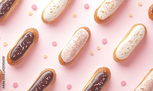 A vibrant image of gourmet eclairs with a beautiful decorative pattern. photo