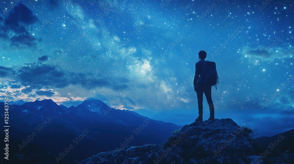 Hipster male backpacker standing and relaxing at mountain view point with star and twilight sky in the evening. Hipster male backpacker standing and relaxing at mountain view point with star and twilight sky in the evening.