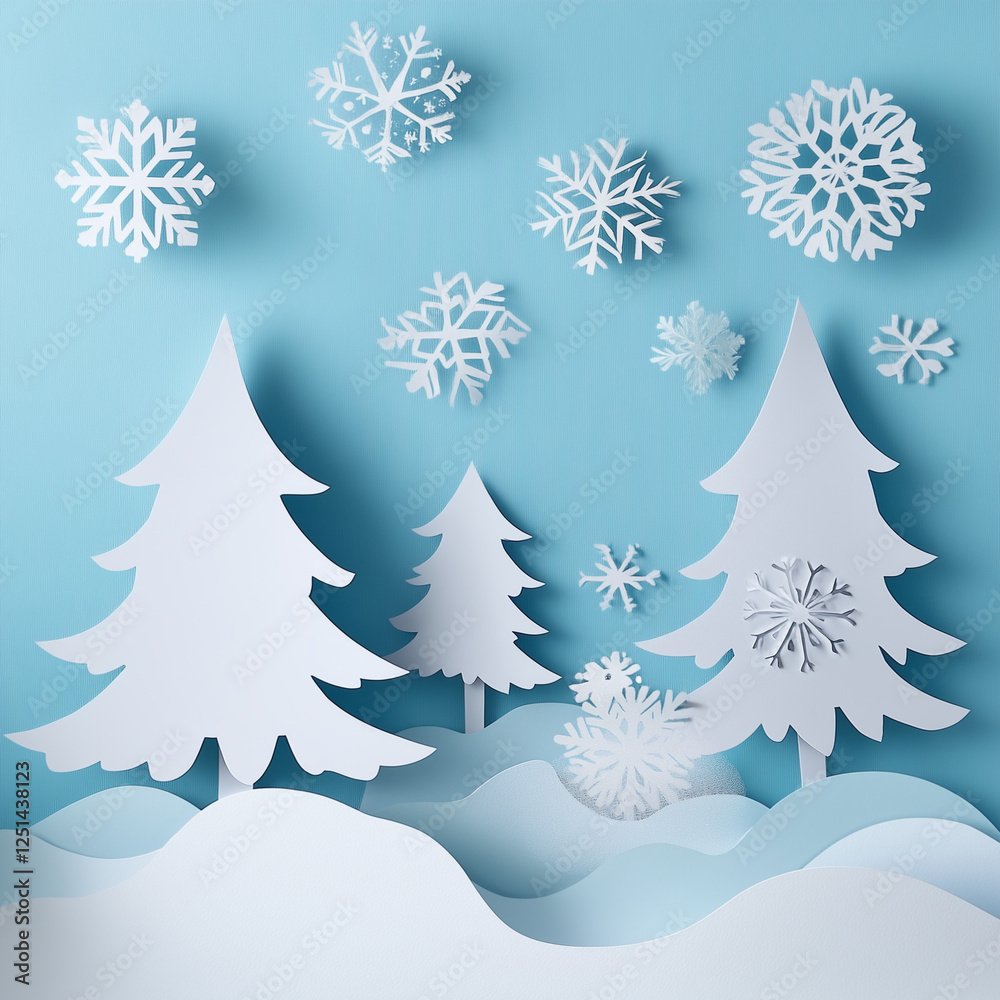 Winter wonderland with paper cut trees and snowflakes against a light blue background