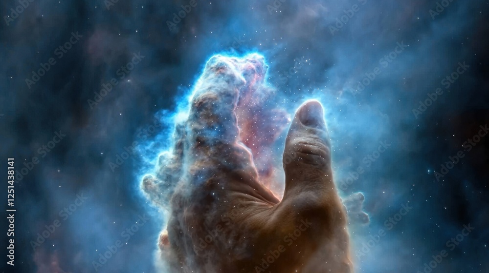 Fototapeta premium A hand is shown in the sky with a cloud of gas and dust surrounding it