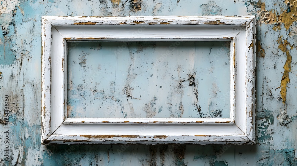 Naklejka premium Weathered and distressed vintage wooden frame against a backdrop of an aged textured wall with peeling paint and crumbling details creating a moody atmospheric and contemplative composition
