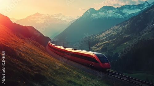 A red train is traveling down a mountain track