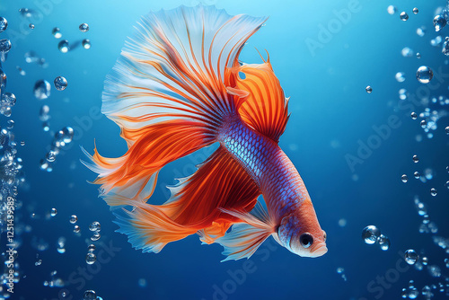 Vibrant Betta Fish with Flowing Fins and Air Bubbles - Underwater Beauty in Crystal Clear Blue Water