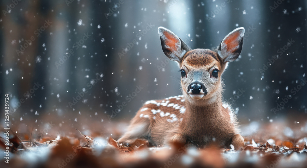 Fototapeta premium A baby deer with big ears rests peacefully on the soft snow, surrounded by colorful autumn leaves as gentle snowflakes fall