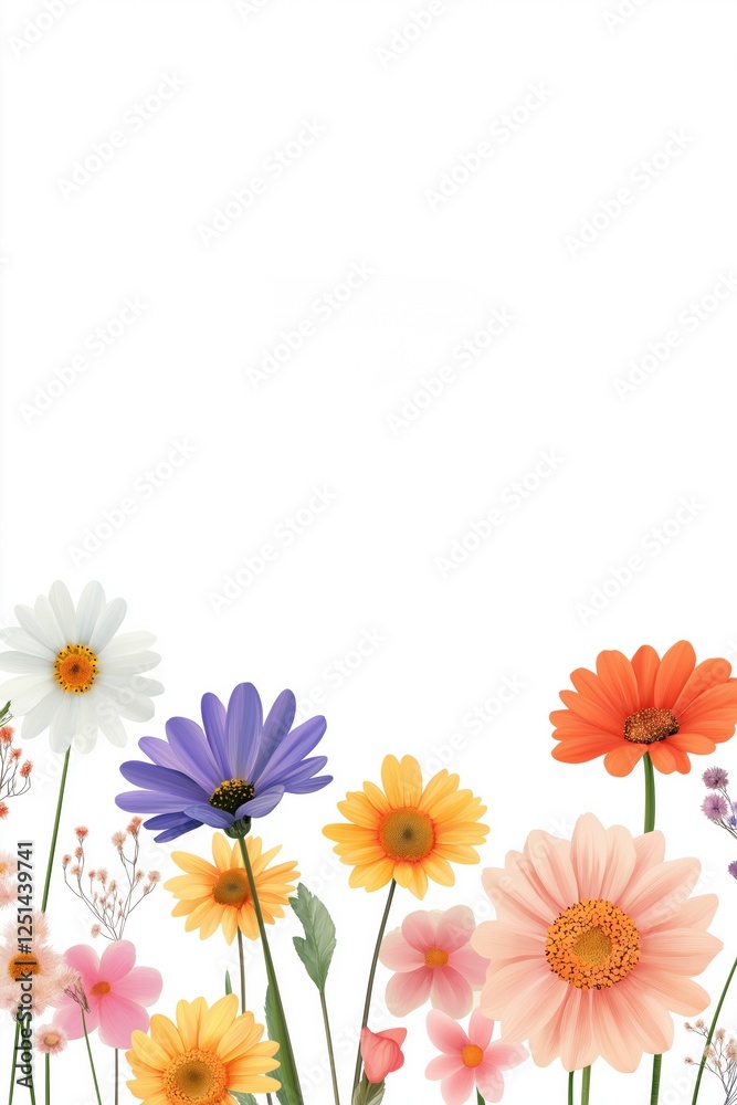 Obraz premium A colorful bouquet of flowers with a white background. The flowers are arranged in a way that they are all facing the same direction, creating a sense of harmony and balance