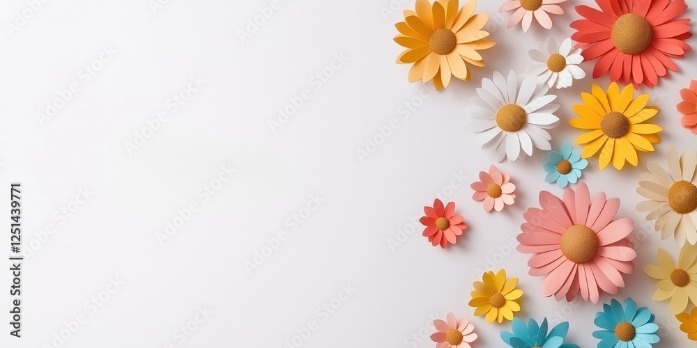 A colorful bouquet of paper flowers is arranged in a border on a white background. The flowers are of various colors, including pink, yellow, and blue, and they are scattered throughout the border A colorful bouquet of paper flowers is arranged in a border on a white background. The flowers are of various colors, including pink, yellow, and blue, and they are scattered throughout the border