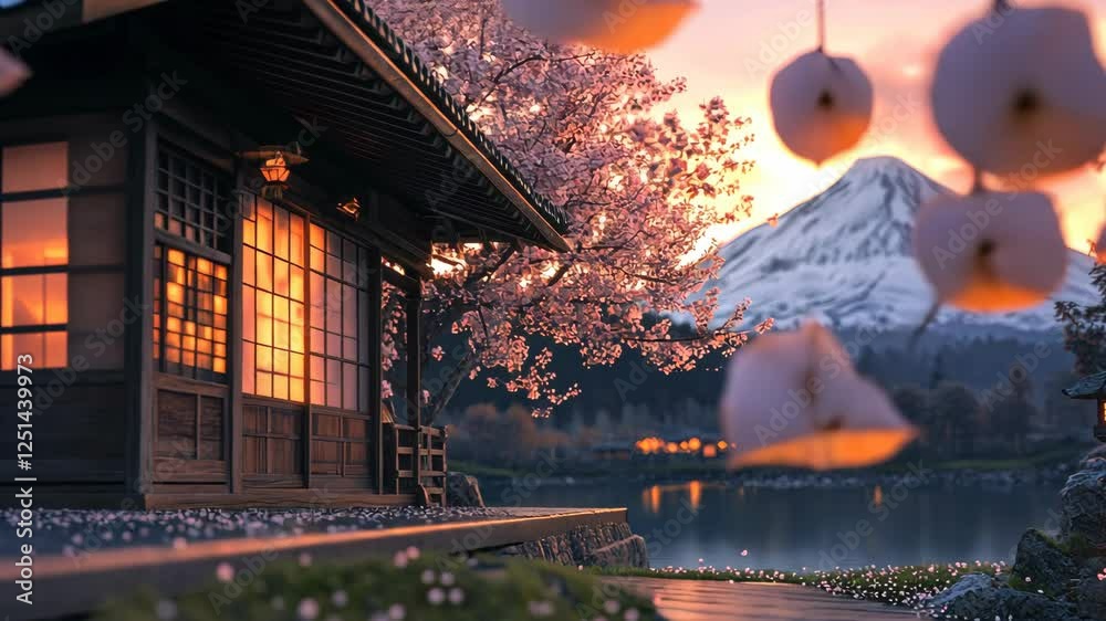 Beautiful traditional Japanese building with a cherry blossom tree and a mountain in the background at dusk, blurred bokeh lights of lanterns, warm orange lighting,