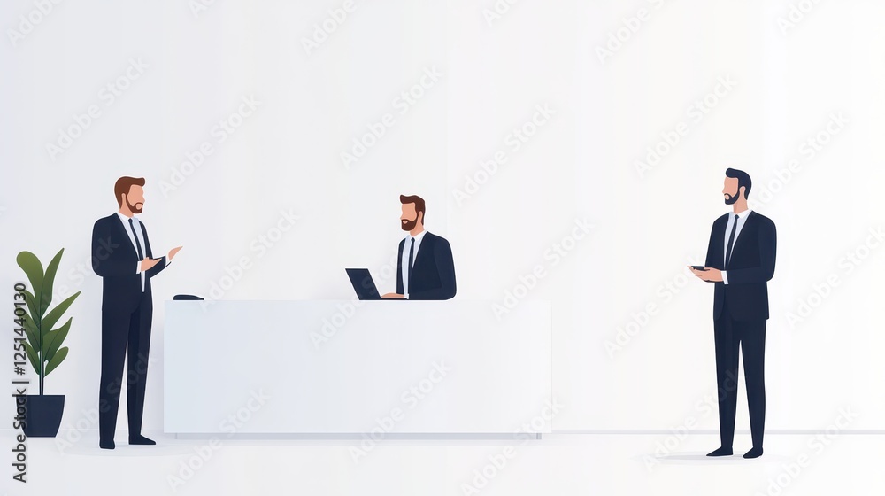Three business professionals engage in a meeting in a sleek office environment, collaborating over devices while standing near a reception desk and a plant Three business professionals engage in a meeting in a sleek office environment, collaborating over devices while standing near a reception desk and a plant