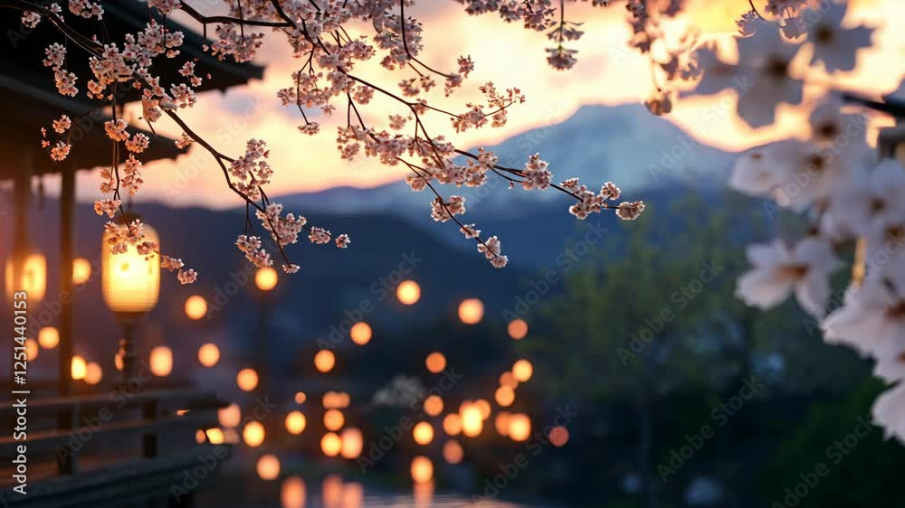 Beautiful traditional Japanese building with a cherry blossom tree and a mountain in the background at dusk, blurred bokeh lights of lanterns, warm orange lighting,