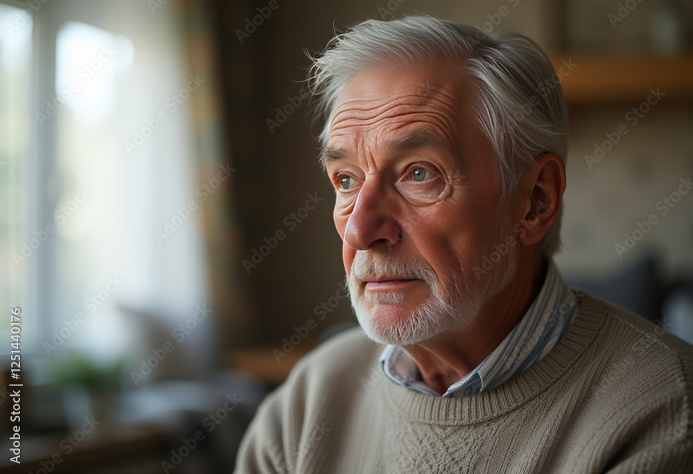 Elderly individual with gray hair wearing a light-colored sweater over a blue and white striped collared shirt, sitting in a cozy indoor setting with natural light and blurred furniture in the backgro Elderly individual with gray hair wearing a light-colored sweater over a blue and white striped collared shirt, sitting in a cozy indoor setting with natural light and blurred furniture in the backgro