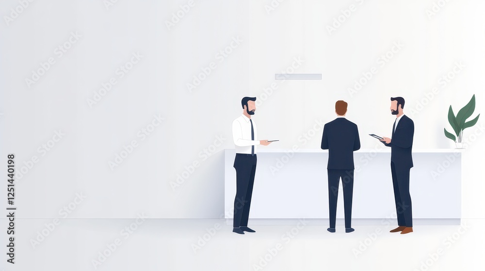 Three men in business attire are conversing near a sleek reception desk in a contemporary office. The atmosphere is focused and professional, with a potted plant in the background Three men in business attire are conversing near a sleek reception desk in a contemporary office. The atmosphere is focused and professional, with a potted plant in the background