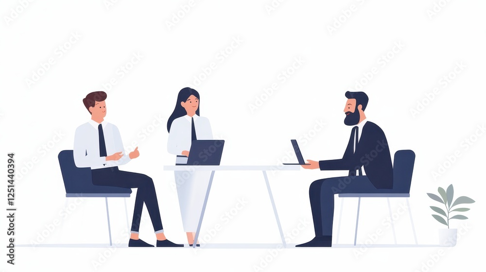 Three professionals participate in a productive meeting in a sleek office space. The individuals are interacting, exchanging ideas, and using laptops to enhance their discussion Three professionals participate in a productive meeting in a sleek office space. The individuals are interacting, exchanging ideas, and using laptops to enhance their discussion