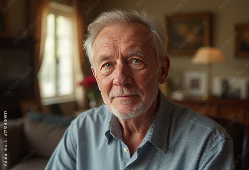 Elderly man relaxing in a cozy living room with warm lighting and a comfortable armchair, surrounded by soft furnishings and a serene atmosphere perfect for a peaceful evening at home Elderly man relaxing in a cozy living room with warm lighting and a comfortable armchair, surrounded by soft furnishings and a serene atmosphere perfect for a peaceful evening at home