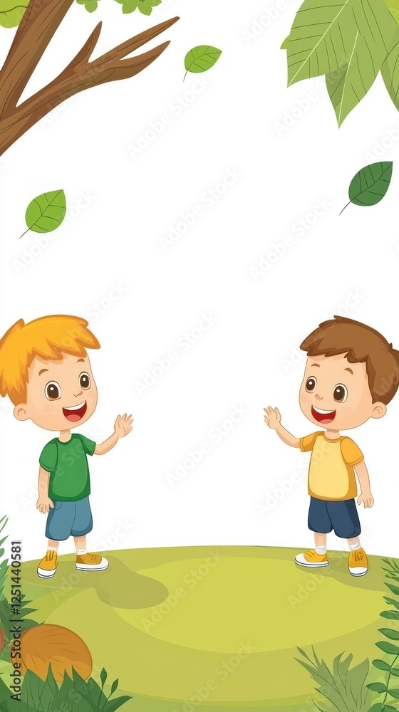 Kids greeting in forest scene, cheerful, play Kids greeting in forest scene, cheerful, play
