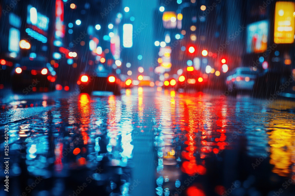 Fototapeta premium Rain-soaked city streets at night, illuminated by vibrant neon lights. Reflective surfaces create a dreamy atmosphere in this captivating image.
