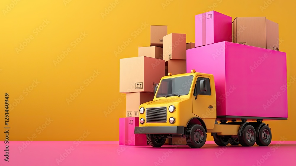 Obraz premium Colorful truck loaded with cardboard boxes on a pink and yellow background. Possible use E-commerce, shipping