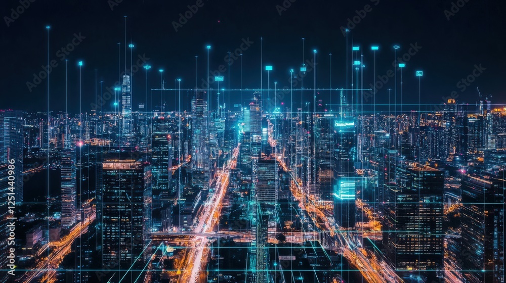 Naklejka premium A cityscape with many buildings and lights