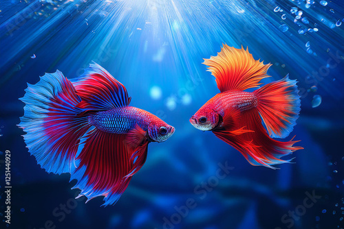 Two Vibrant Betta Fish in an Underwater Dance - Rays of Light Highlighting Their Flowing Fins and Stunning Colors