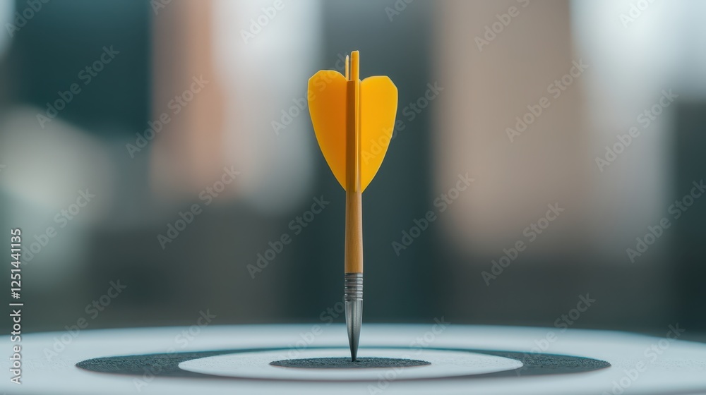 A bright yellow dart is perfectly embedded in the center of a target. The background showcases a blurred urban environment, emphasizing the focus on the dart and target A bright yellow dart is perfectly embedded in the center of a target. The background showcases a blurred urban environment, emphasizing the focus on the dart and target