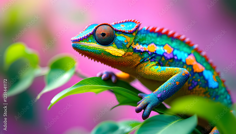 Obraz premium Multicolored Chameleon on Lush Green Leaves with a Colorful Background