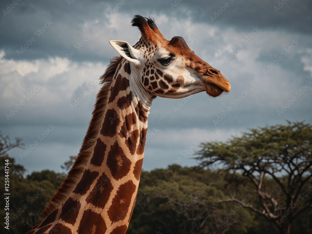 Obraz premium AI-generated image of a majestic giraffe with intricate details and vibrant colors. Perfect for wildlife, nature, and safari-themed stock photography.