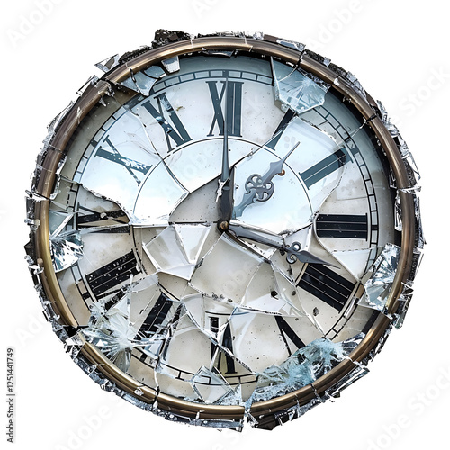 A broken clock with shattered glass and frozen hands, symbolizing lost time, isolated on a white background.
