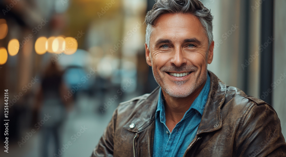 A confident middle-aged man dressed in a stylish leather jacket and denim shirt enjoys the lively atmosphere of the bustling street A confident middle-aged man dressed in a stylish leather jacket and denim shirt enjoys the lively atmosphere of the bustling street