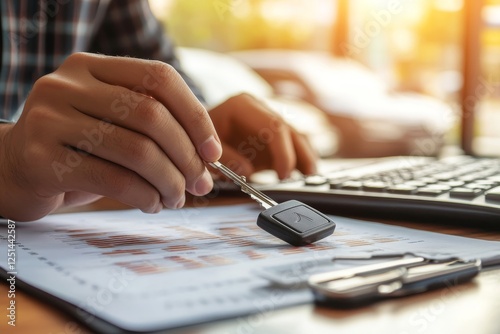 Buy second-hand auto or rent a car concept, Close-up hand of used car agent giving an auto key to client
