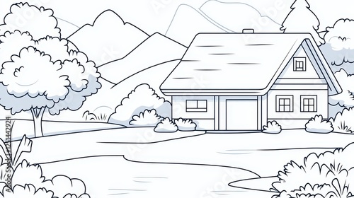 A picturesque countryside setting shows a simple house resting in a lush landscape. Trees, bushes, and rolling mountains create a serene atmosphere under a clear sky